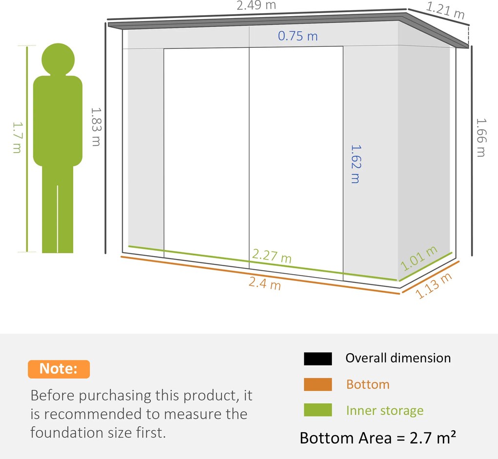 Outsunny Adăpost de Grădină 8 x 4FT din Metal, cu Uși Duble și 2 Ventilații, Gri | Aosom Romania
