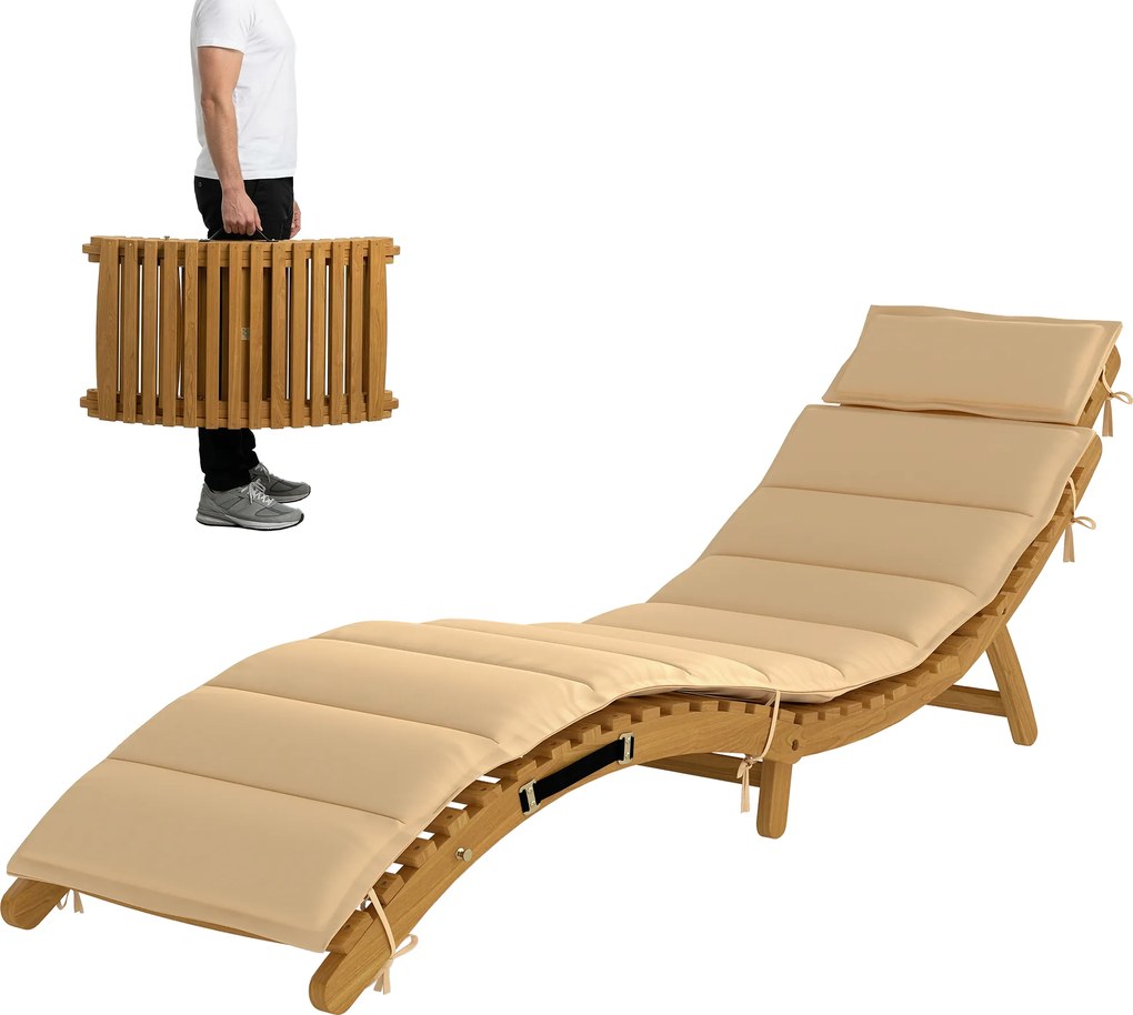 Outsunny Șezlong pliabil rezistent la intemperii din lemn cu tapițerie, suport pentru cap și mâner de transport 183 x 54 x 63 cm, Bej | Aosom Romania