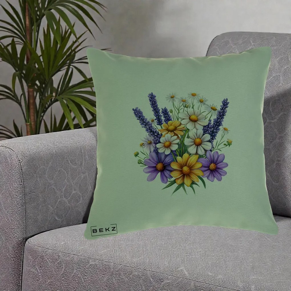 Perna Decorativa Lavanda Musetel si Flori Mov, 40x40 cm, Verde, Husa Detasabila, Perna Inclusa, BEKZ®