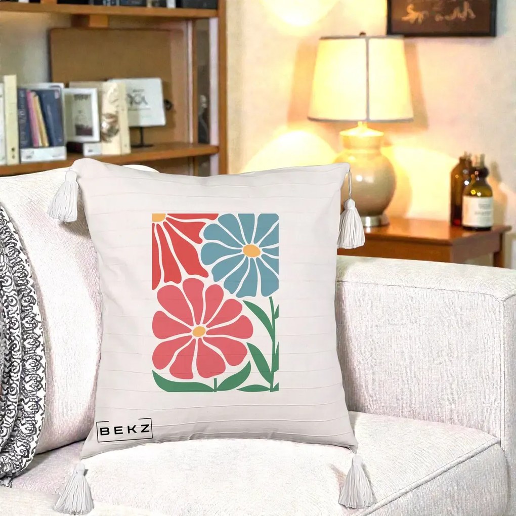 Perna Decorativa Flori Grafice Rosu-Albastru, 40x40 cm, Bej cu Franjuri, Husa Detasabila, Perna Inclusa, BEKZ®