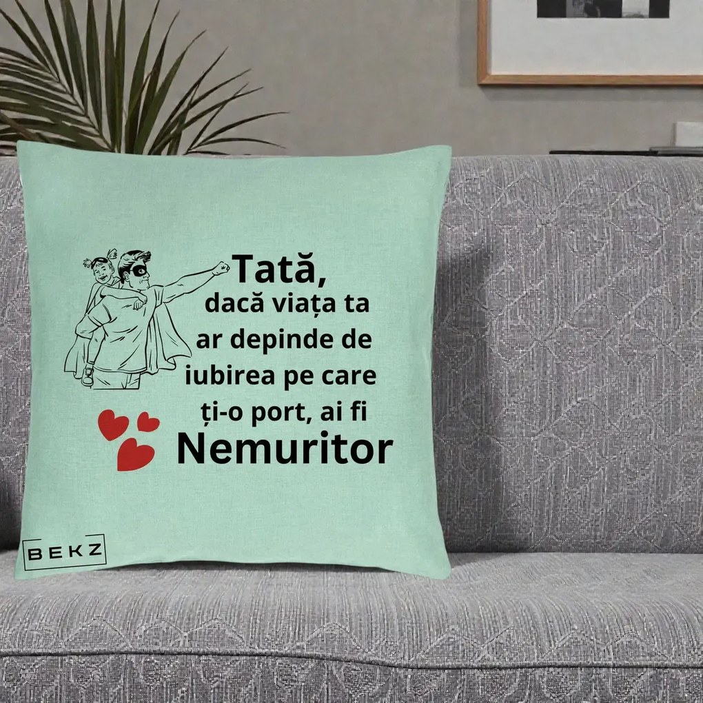 Cadou pentru Tata - Perna Personalizata Tata Nemuritor Supererou cu Masca, 40x40 cm, Verde Menta, Husa Detasabila, Perna Inclusa, BEKZ®