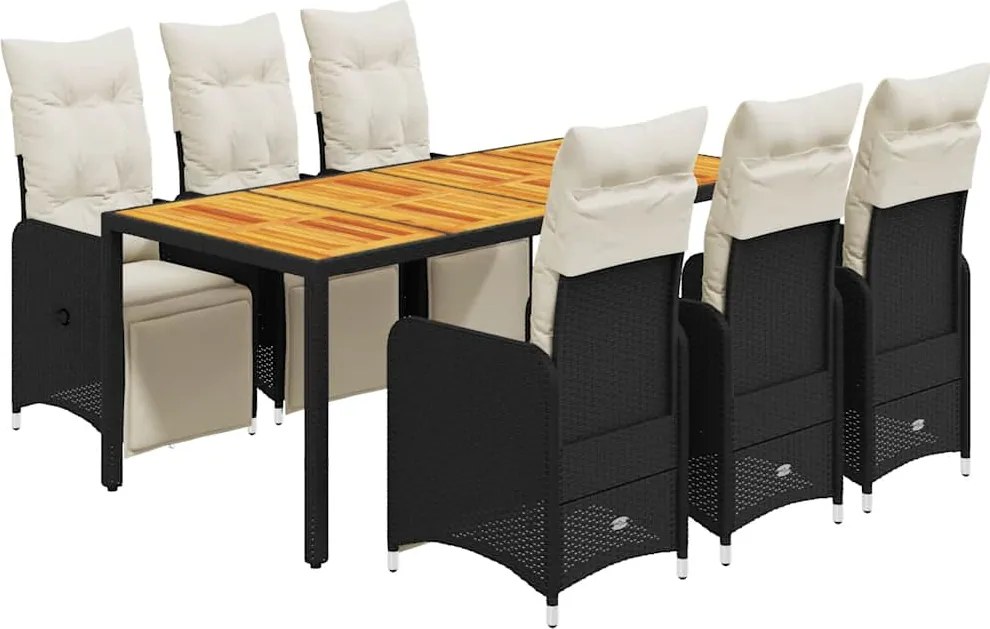 vidaXL Set bistro de grădină, 7 piese, cu perne, negru, poliratan