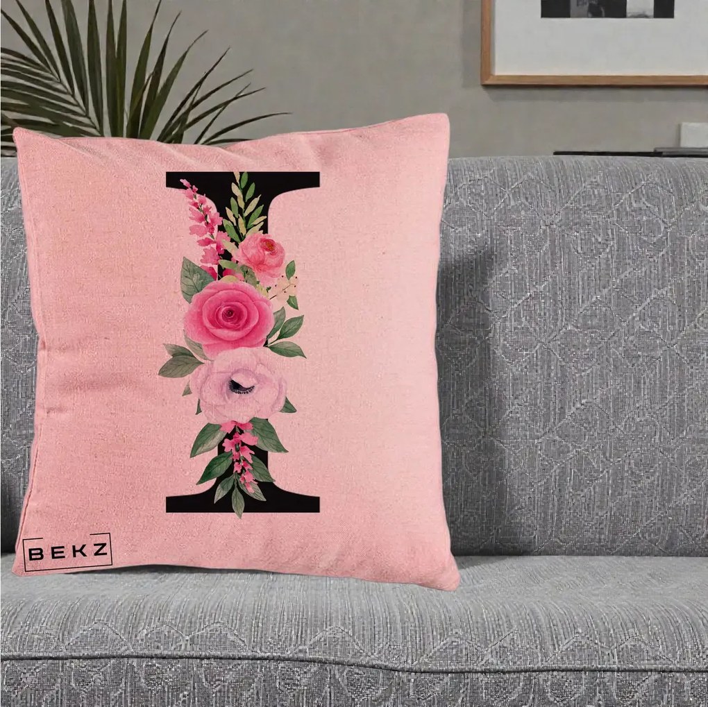 Cadou Personalizat - Perna Personalizata Monograma Florala Litera I, 40x40 cm, Roz, Husa Detasabila, Perna Inclusa, BEKZ®