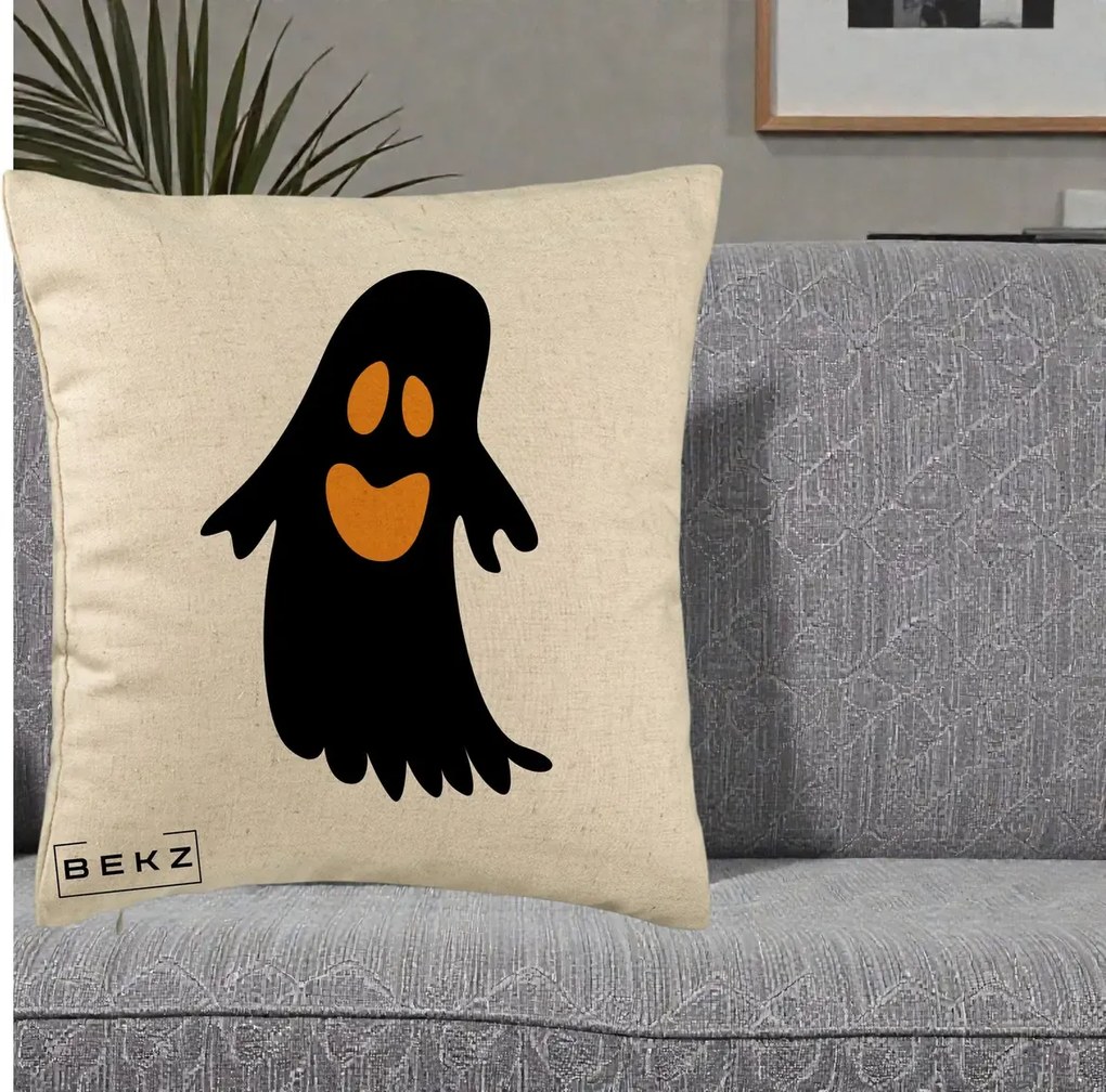 Perna Decorativa Halloween Fantoma Neagra cu Ochi Portocalii, 40x40 cm, Bej, Husa Detasabila, Perna Inclusa, BEKZ®