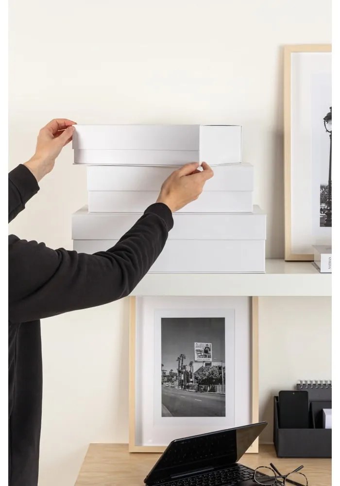 Cutii de depozitare albe 3 buc. din carton cu capac 42,5x29,5x13 cm Kian Paper Laminate – Bigso