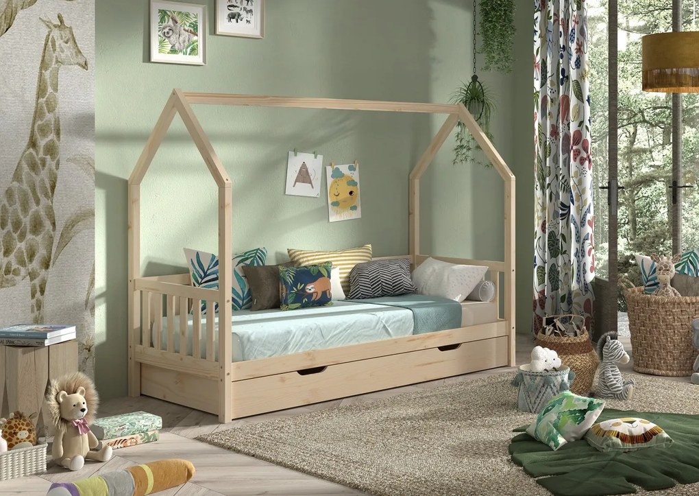 Pat‑căsuță 90 × 200 cm cu balustradă și sertar – refugiul ideal pentru somn liniștit – gamă Cabane – Vipack