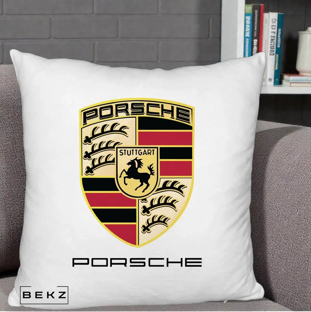 Perna Personalizata Porsche Stuttgart, 40x40 cm, Alb Pufos, Husa Detasabila, Perna Inclusa, BEKZ®