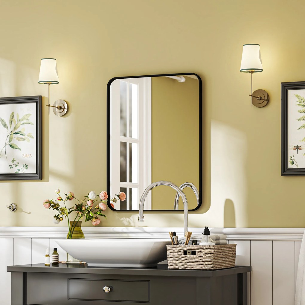 HOMCOM Oglindă de Baie 60 x 80 cm Oglindă Decorativă de Perete cu Ramă Metalică și Cârlig Ușor de Agățat pentru Sufragerie, Hol, Intrare - Negru | Aosom Romania