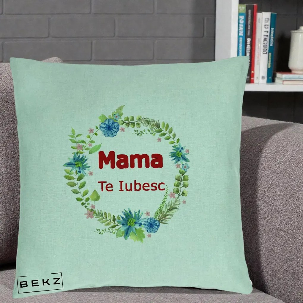 Cadou pentru Mama - Perna Personalizata Mama Te Iubesc Flori Albastre, 40x40 cm, Verde Menta, Husa Detasabila, Perna Inclusa, BEKZ®