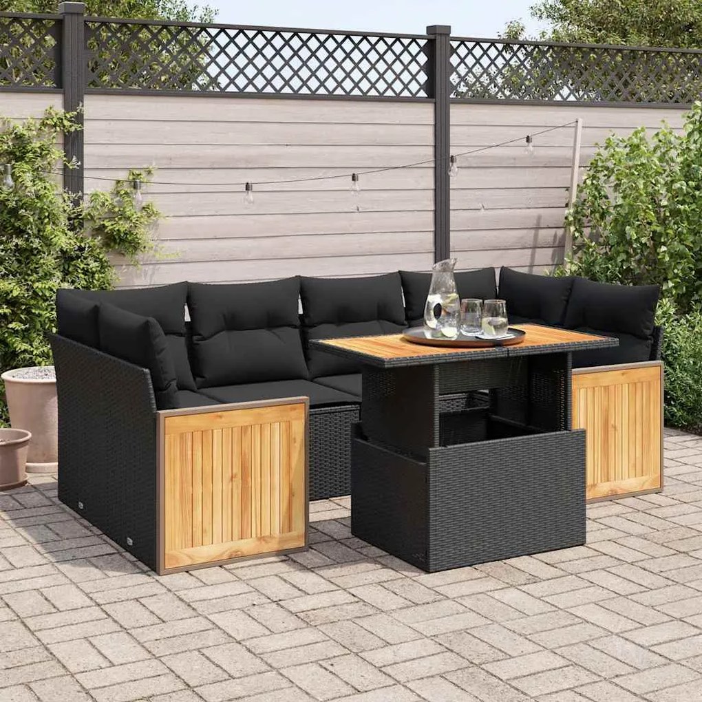 vidaXL Set canapele grădină perne 7 piese negru, poliratan/lemn acacia