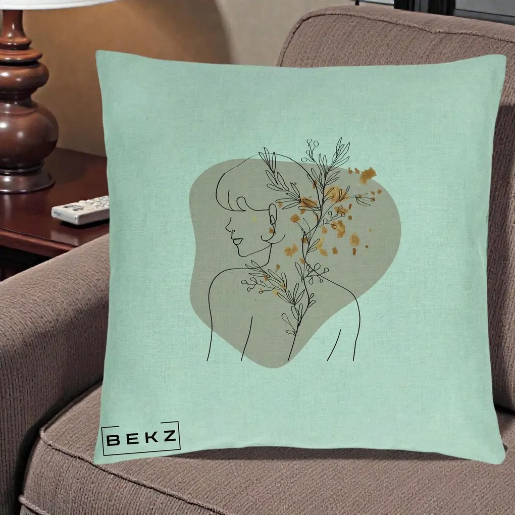 Perna Decorativa Femeie cu Flori Line Art Boho, 40x40 cm, Verde Menta, Husa Detasabila, Perna Inclusa, BEKZ®