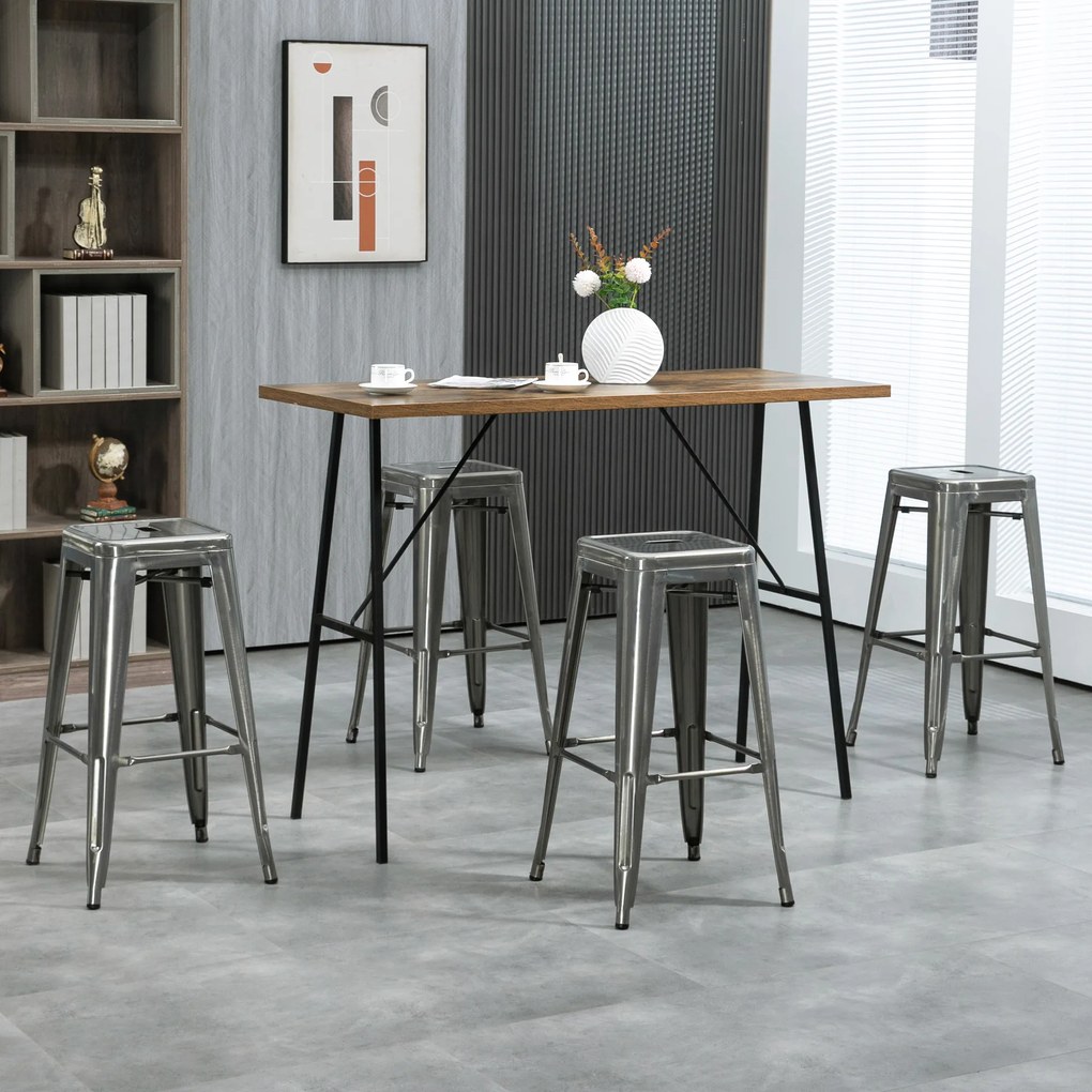 HOMCOM Set de 4 scaune de bar industriale empilabile înălțime șezut 76 cm metal argintiu | Aosom Romania