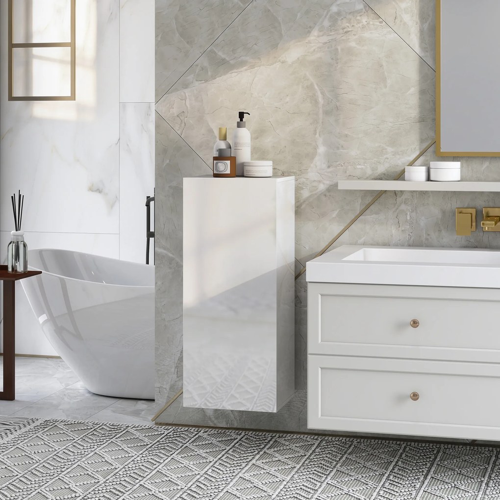 HOMCOM Dulap de Baie Suspendat cu Ușă Fără Mâner, 2 Rafturi Reglabile din Sticlă, Mobilier Suspendat Multifuncțional, 30x23,4x71,2 cm, Alb Lucios | Aosom Romania