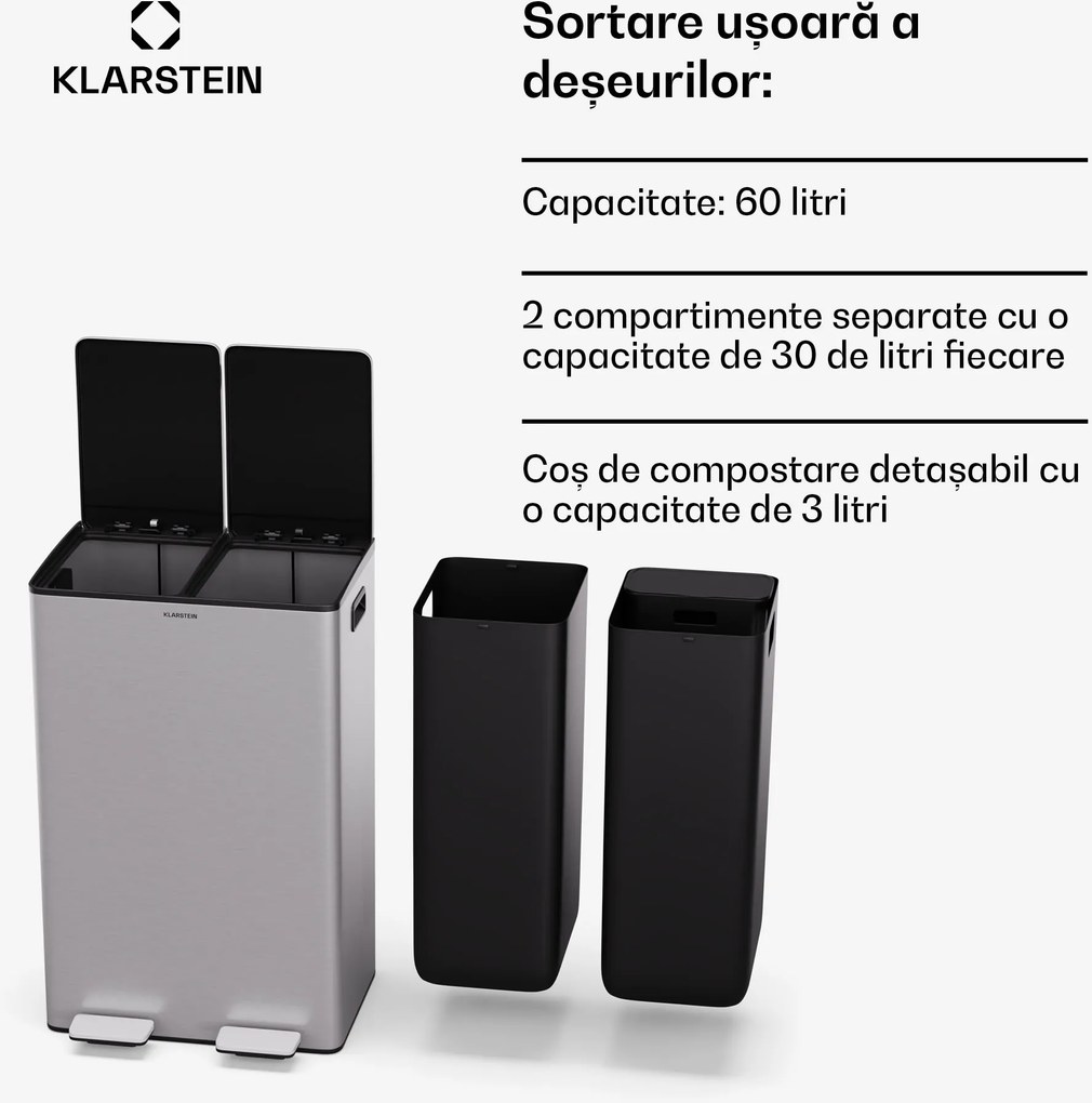 Klarstein EcoVista, coș de gunoi cu composter, 60 l + 3 l/coș + composter, Soft-Close