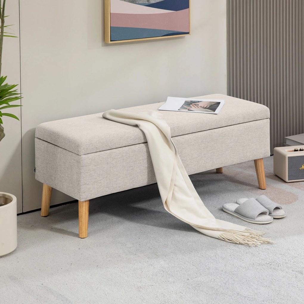 HOMCOM bancă cu spațiu de depozitare 110 x 39 x 45 cm din material cu aspect de in, picioare din lemn de cauciuc, capacitate 220 kg, bej | Aosom Romania