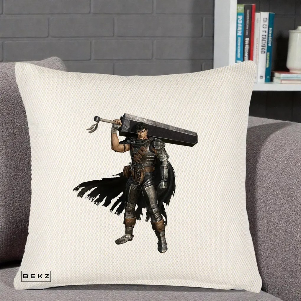 Perna Personalizata Berserk Guts Luptatorul Negru, 40x40 cm, Crem Reliefat, Husa Detasabila, Perna Inclusa, BEKZ®