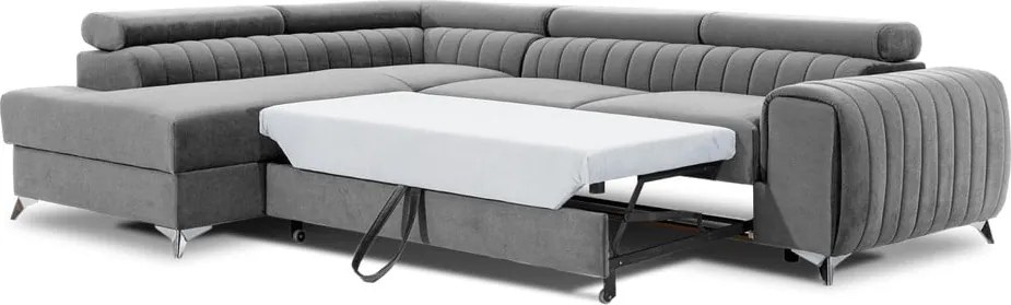 Colțar gri extensibil/cu spațiu de depozitare cu tapițerie din catifea (cu colț pe partea stângă/în formă de ”L”) Laurence – ELTAP