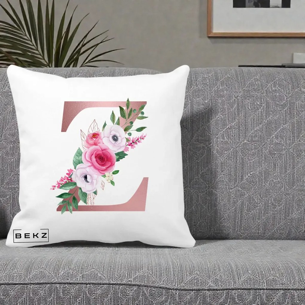 Cadou Personalizat - Perna Personalizata Monograma Rose Gold Litera Z, 40x40 cm, Alba Mata, Husa Detasabila, Perna Inclusa, BEKZ®
