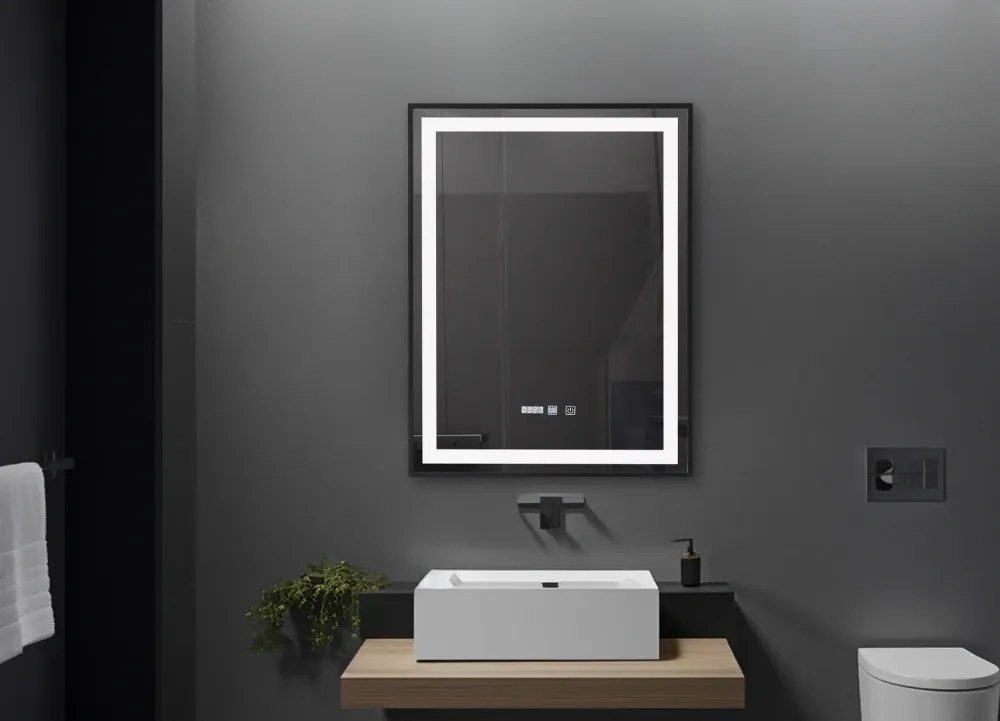 RESIGILAT- Oglindă baie, Multifuncțională, Iluminare LED Touch in 2 culori, Sistem Dezaburire, Ceas electronic încorporat, rama aluminiu, 60x80 cm, Negru