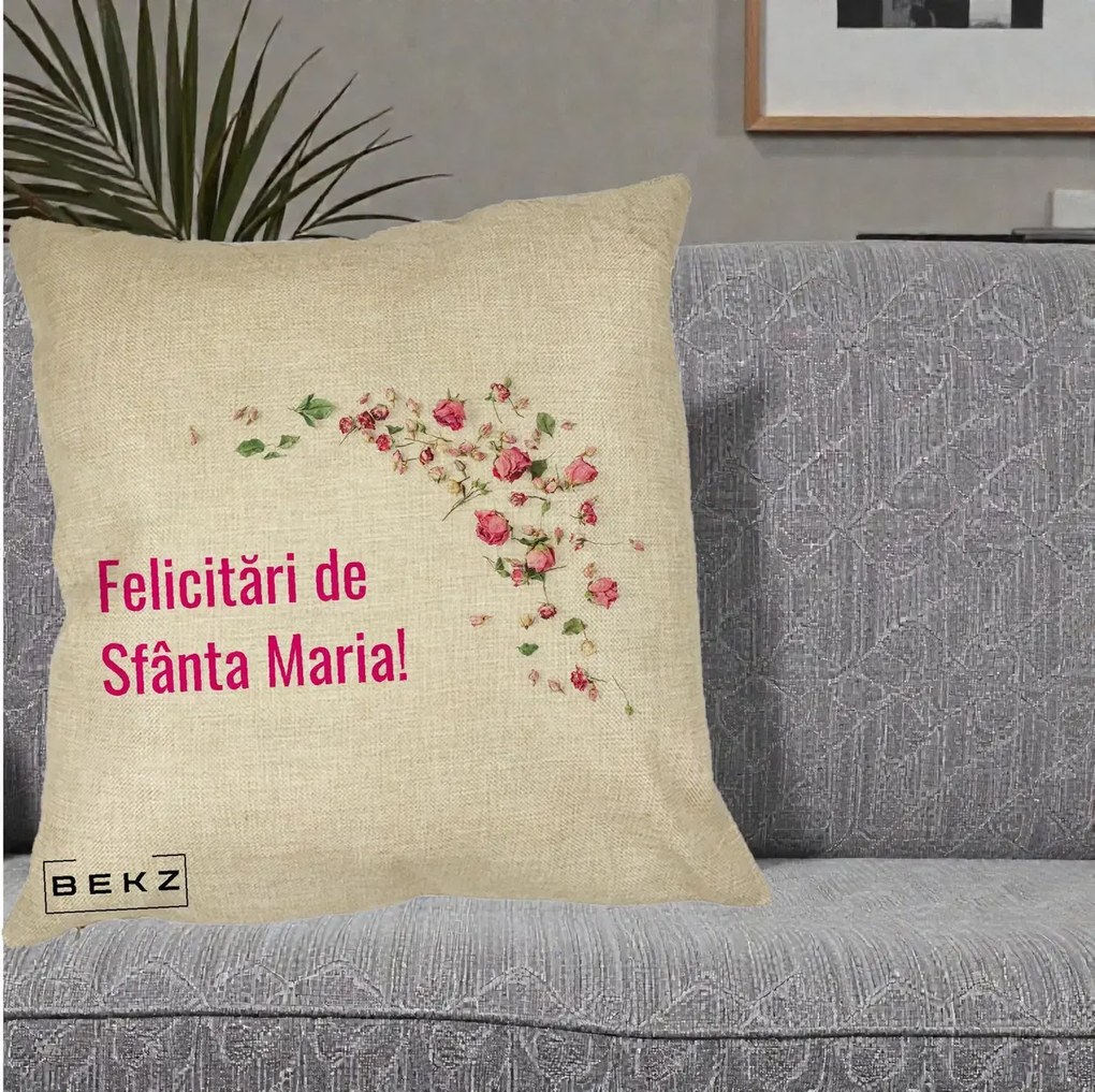 Cadou de Onomastica - Perna Personalizata Felicitari de Sfanta Maria, 40x40 cm, Crem, Husa Detasabila, Perna Inclusa, BEKZ®