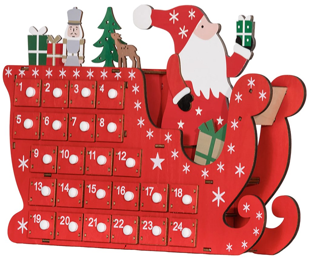 HOMCOM Calendar de Advent de umplut din lemn, decorațiune de Crăciun cu 24 sertare, Moș Crăciun și sanie, 22,5x8x36cm, roșu | Aosom Romania