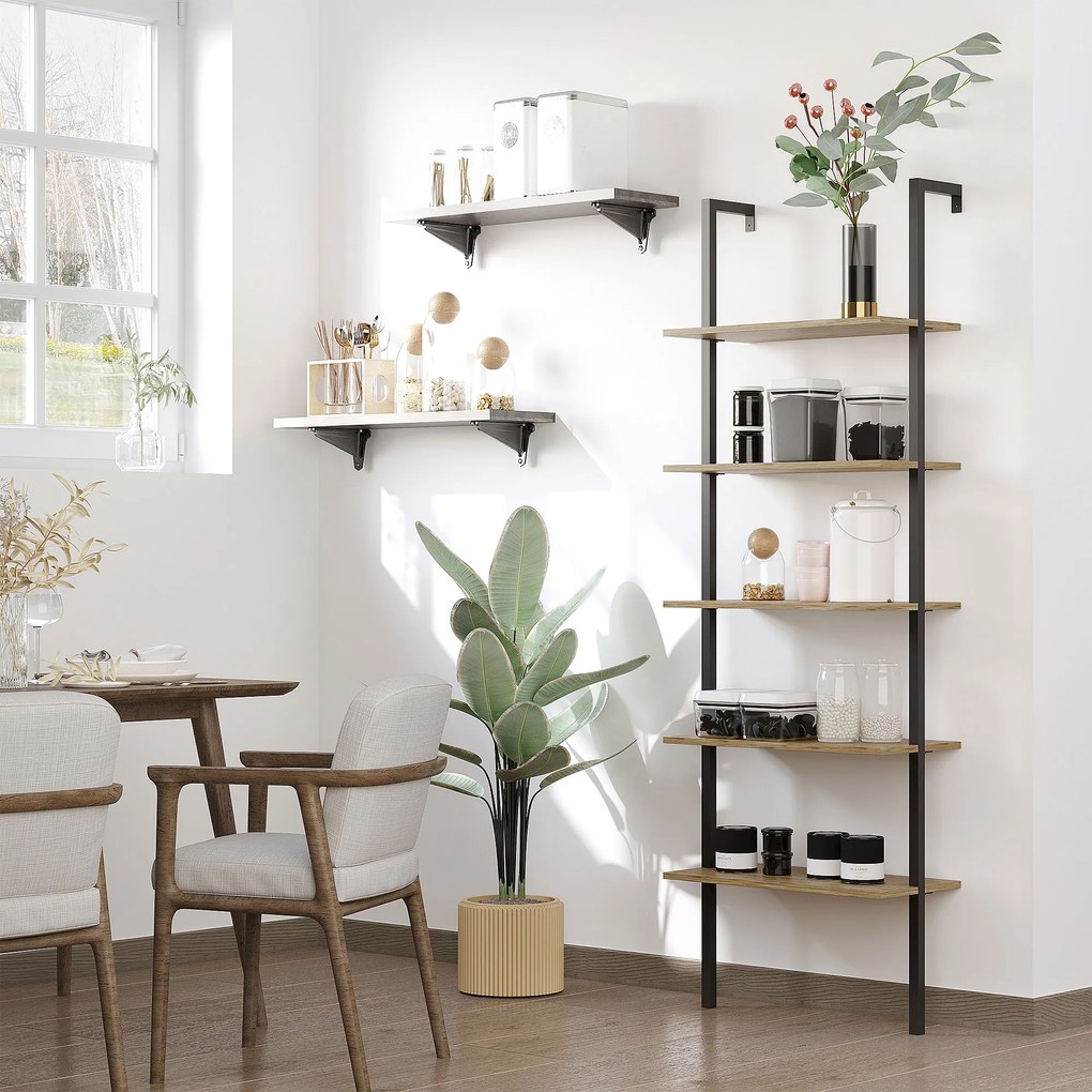 Biblioteca cu scari in stil industrial, cu 5 niveluri, montare pe perete din lemn si metal, 60x30x184,5cm maro HOMCOM | Aosom Romania