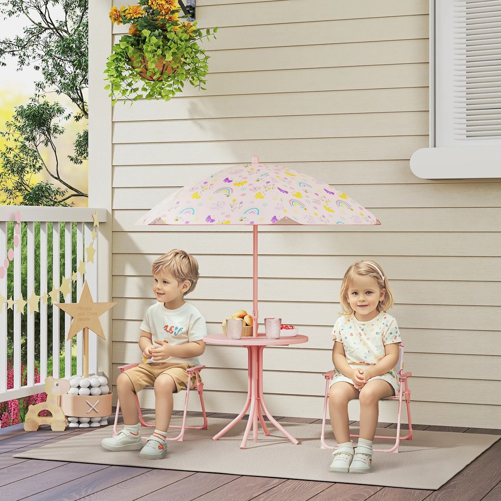 AIYAPLAY Set de Mobilier de Grădină din 4 Piese cu Masă, Scaune și Umbrelă de Soare Reglabilă, 50xΦ49,5 cm, Roz | Aosom Romania