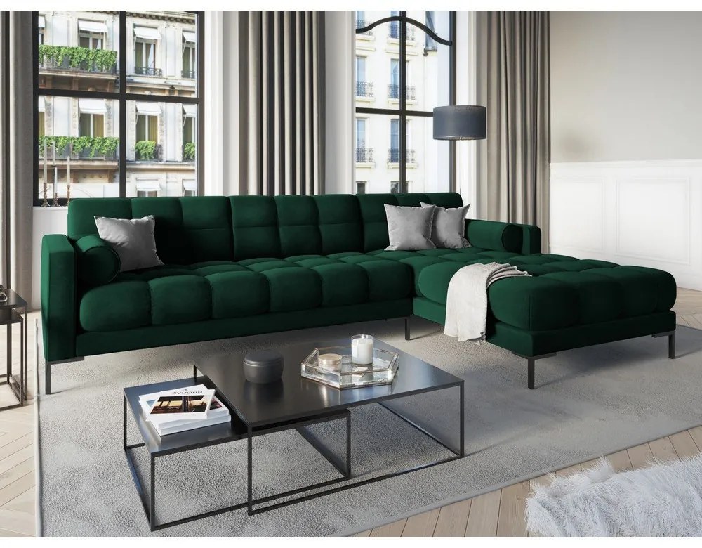 Colțar din catifea cu extensie pe partea dreaptă Cosmopolitan Design Bali, verde închis