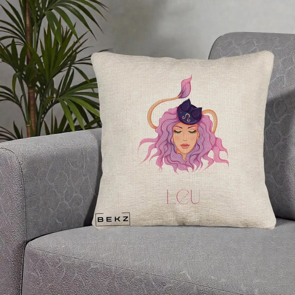 Perna Personalizata Zodie Leu, 40x40 cm, Bej Canapea, Husa Detasabila, Perna Inclusa, BEKZ®