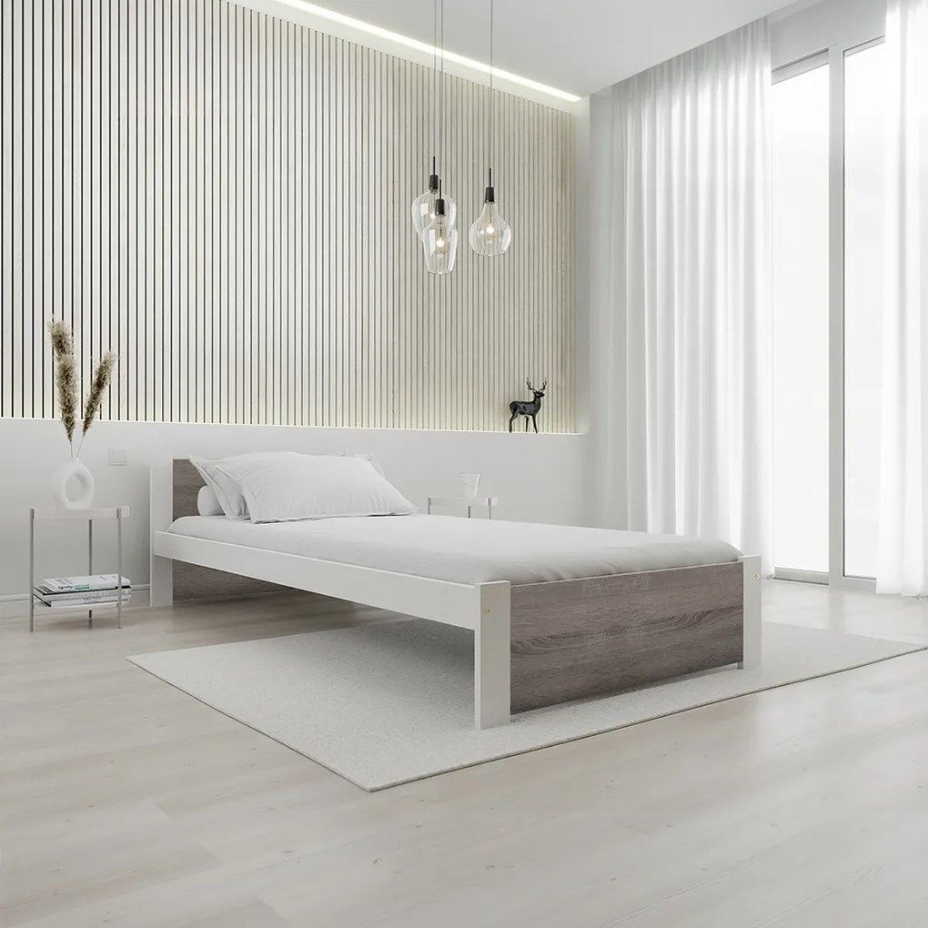 Pat de o persoana stejar alb/trufa, IKAROS 90 x 200 cm Saltele: Cu saltele Sommera 18 cm, Somiera pat: Fara somiera