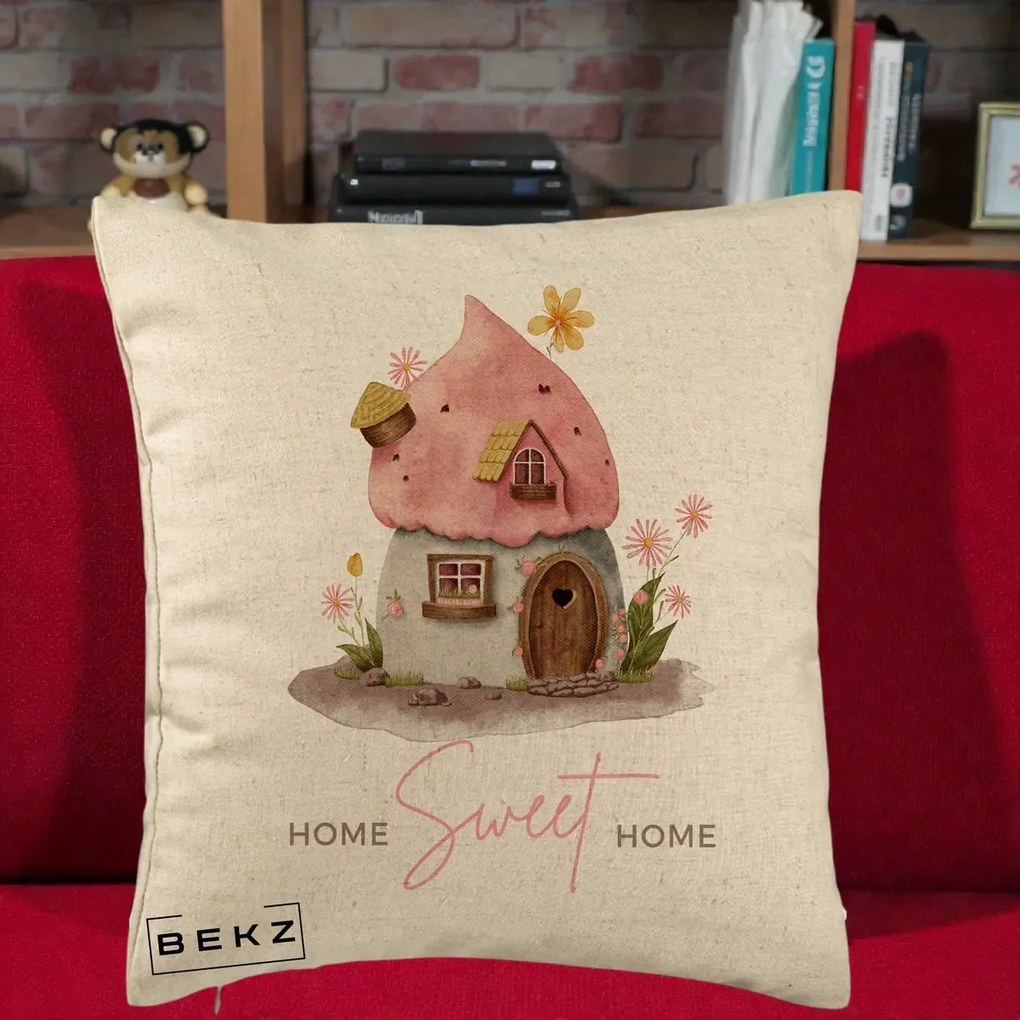 Perna Decorativa Home Sweet Home Casuta, 40x40 cm, Bej, Husa Detasabila, Perna Inclusa, BEKZ®