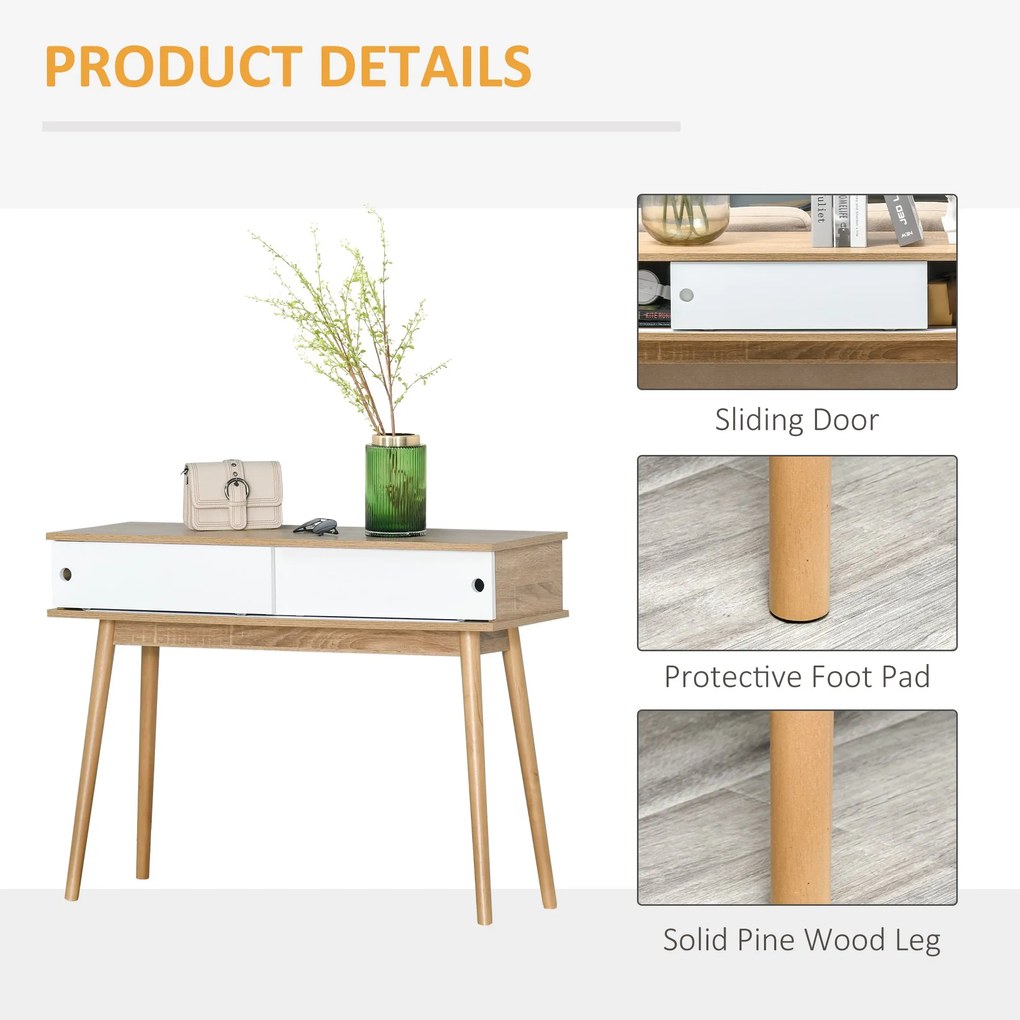 HOMCOM Masuta Consola de Hol si Sufragerie cu 2 Compartimente, din MDF si Picioare din Lemn de Pin, 100x35x75cm, Alb