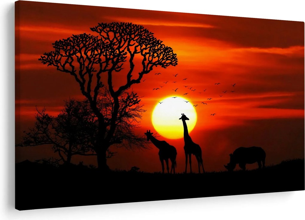 Tablou - Siluete animalelor la apus de soare (90x60 cm)