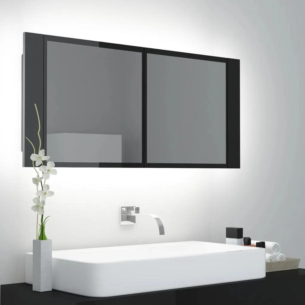 Dulap de baie cu oglindă și led, negru extralucios 100x12x45 cm