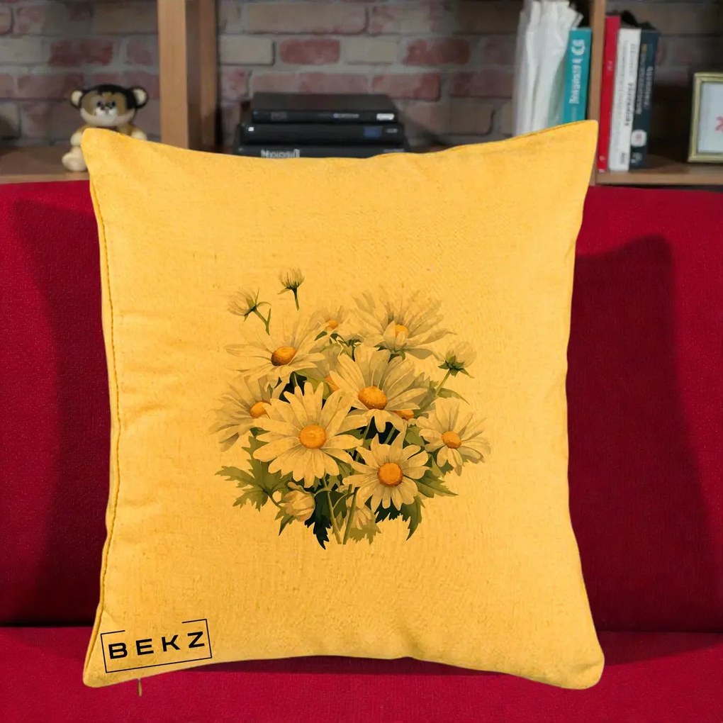 Perna Decorativa Buchet Margarete Albe Acuarela, 40x40 cm, Galben, Husa Detasabila, Perna Inclusa, BEKZ®