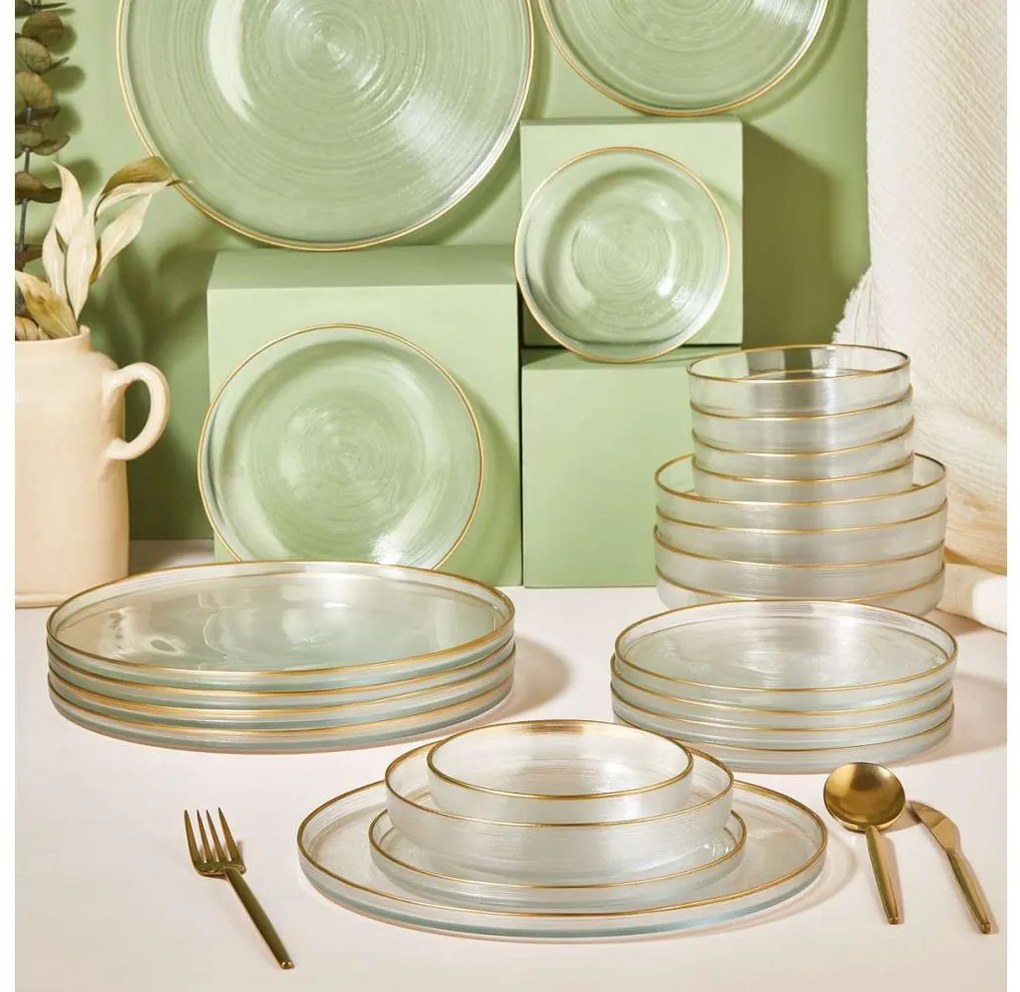 Set veselă 24 piese, din sticlă transparentă cu accente aurii
