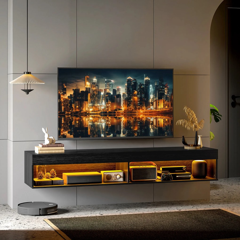 HOMCOM Suport TV Plutitor cu Lumini LED pentru Televizoare de Până la 190 cm, Consolă Media cu Raft de Depozitare, 180x40x30 cm, Negru | Aosom Romania