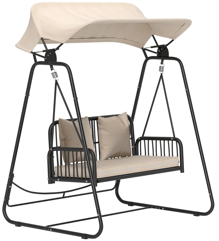 Outsunny Hollywoodschaukel din ratan pentru 2 persoane, cu acoperiș reglabil, perne, cu o capacitate de încărcare de până la 240 kg, 149 x 121 x 180 cm, kaki | Aosom Romania