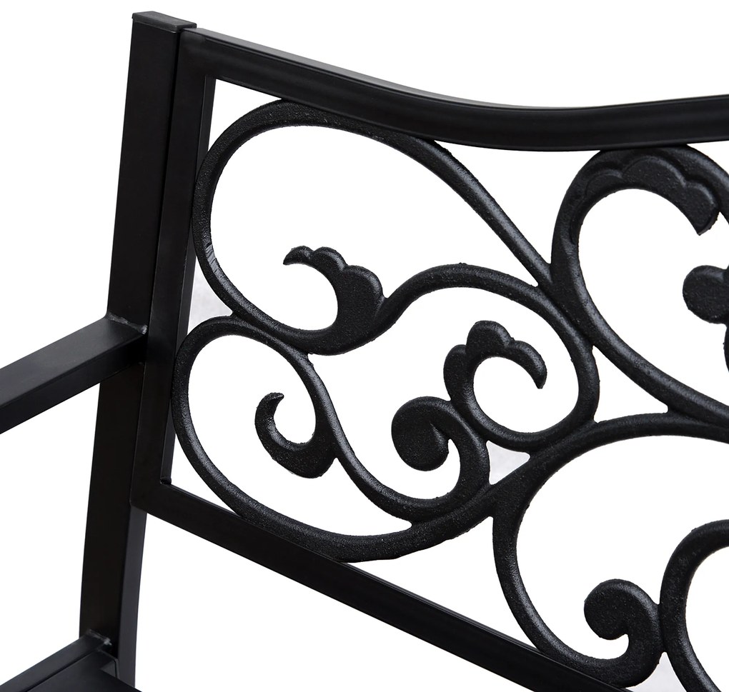 Outsunny Banca pentru exterior din fonta si metal, banca pentru gradina 2 locuri cu spatar inalt decorat, 127x60x89cm, negru