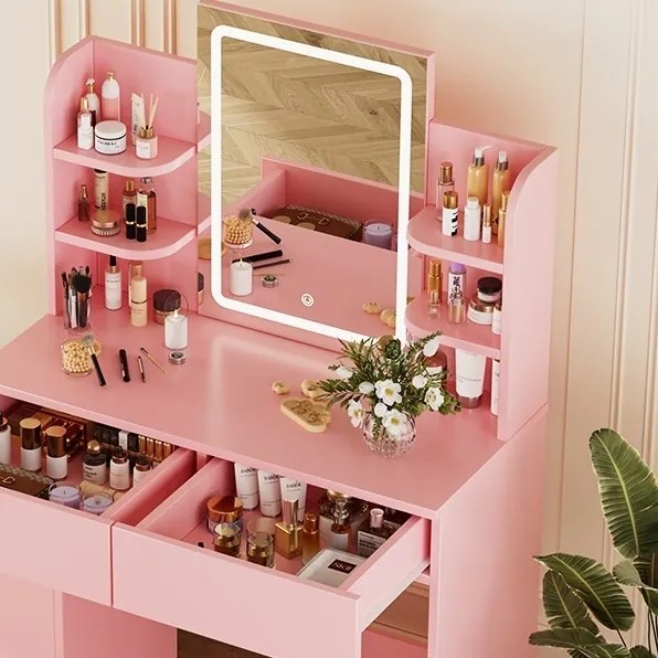 SER203 - Set Masa toaleta 90 cm, 2 Sertare, Oglinda cu LED, masuta vanity, make-up - Alb / Negru / Roz