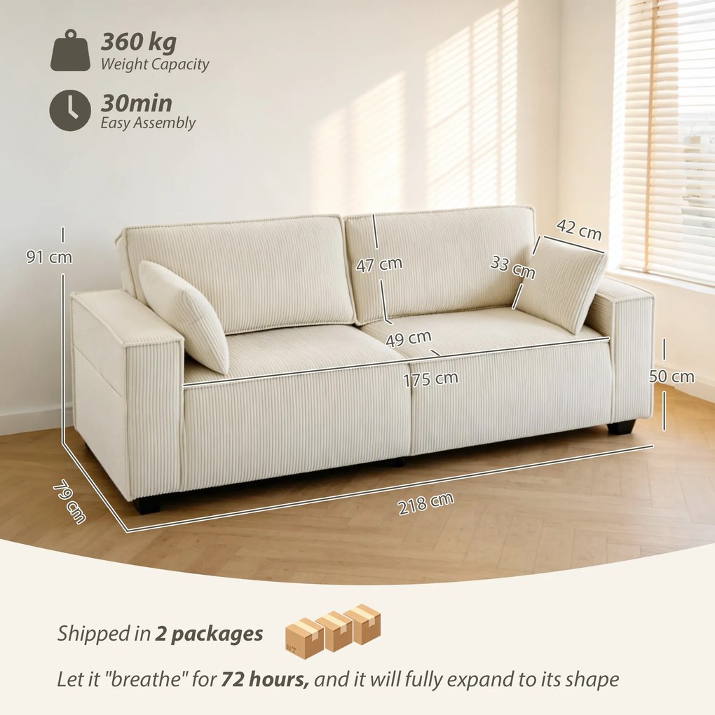 HOMCOM Canapea 3 locuri din velur canelat 218 cm, canapea de living, perne cu arcuri, cotiere late, 2 perne, bej | Aosom Romania