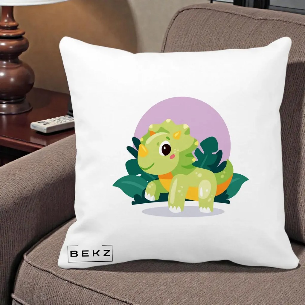 Perna Decorativa Triceratops Kawaii Verde, 40x40 cm, Alba Mata, Husa Detasabila, Perna Inclusa, BEKZ®