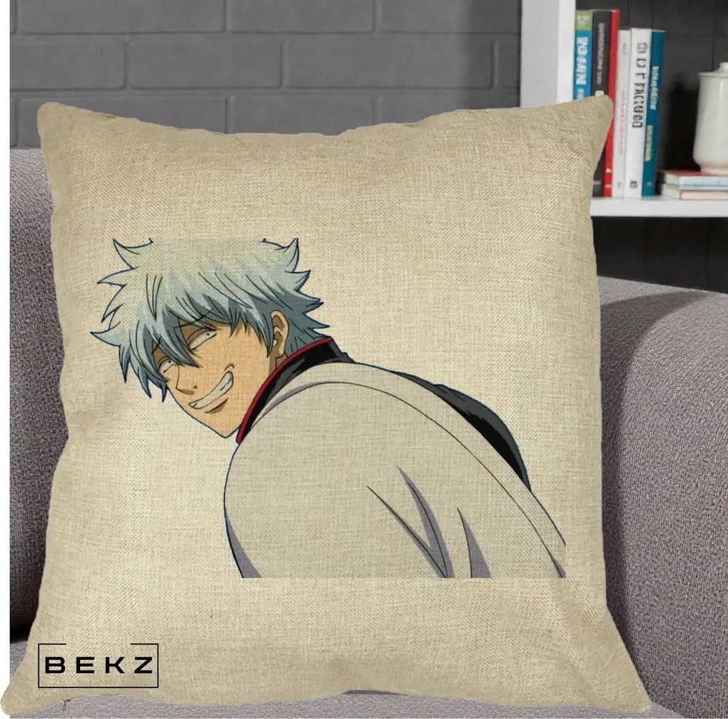 Perna Personalizata Gintama Gintoki Portret cu Zambet, 40x40 cm, Crem, Husa Detasabila, Perna Inclusa, BEKZ®