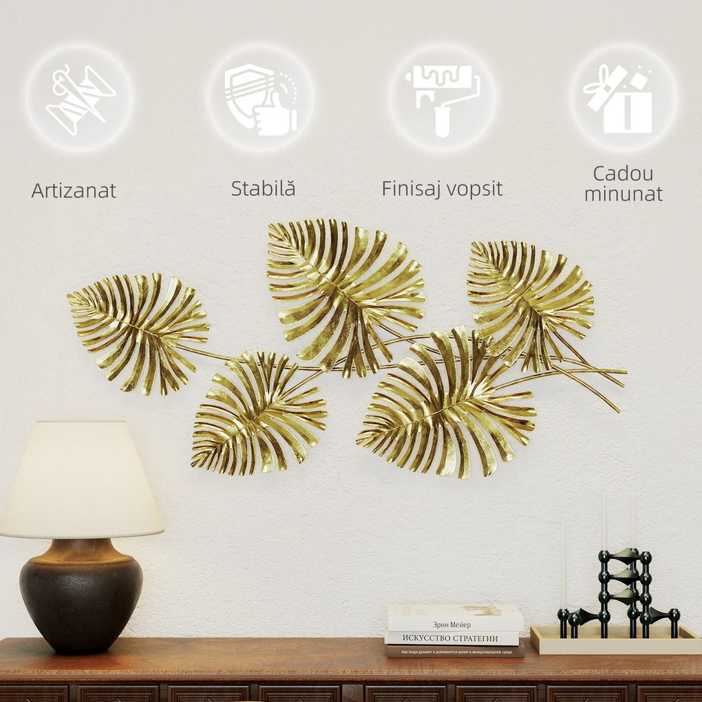 HOMCOM Artă Murală cu 5 Frunze de Monstera și Accesorii pentru Montaj Incluse, Decorațiuni Murale din Metal, 83x2.5x39 cm, culoare Aurie | Aosom Romania