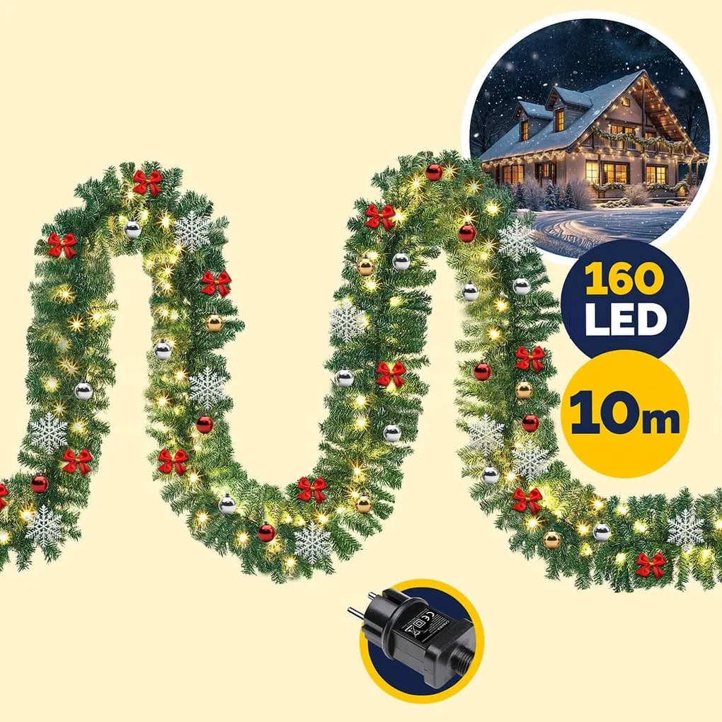 Ghirlandă de Crăciun ANDREA cu iluminare, decorată, 10m, verde Casaria