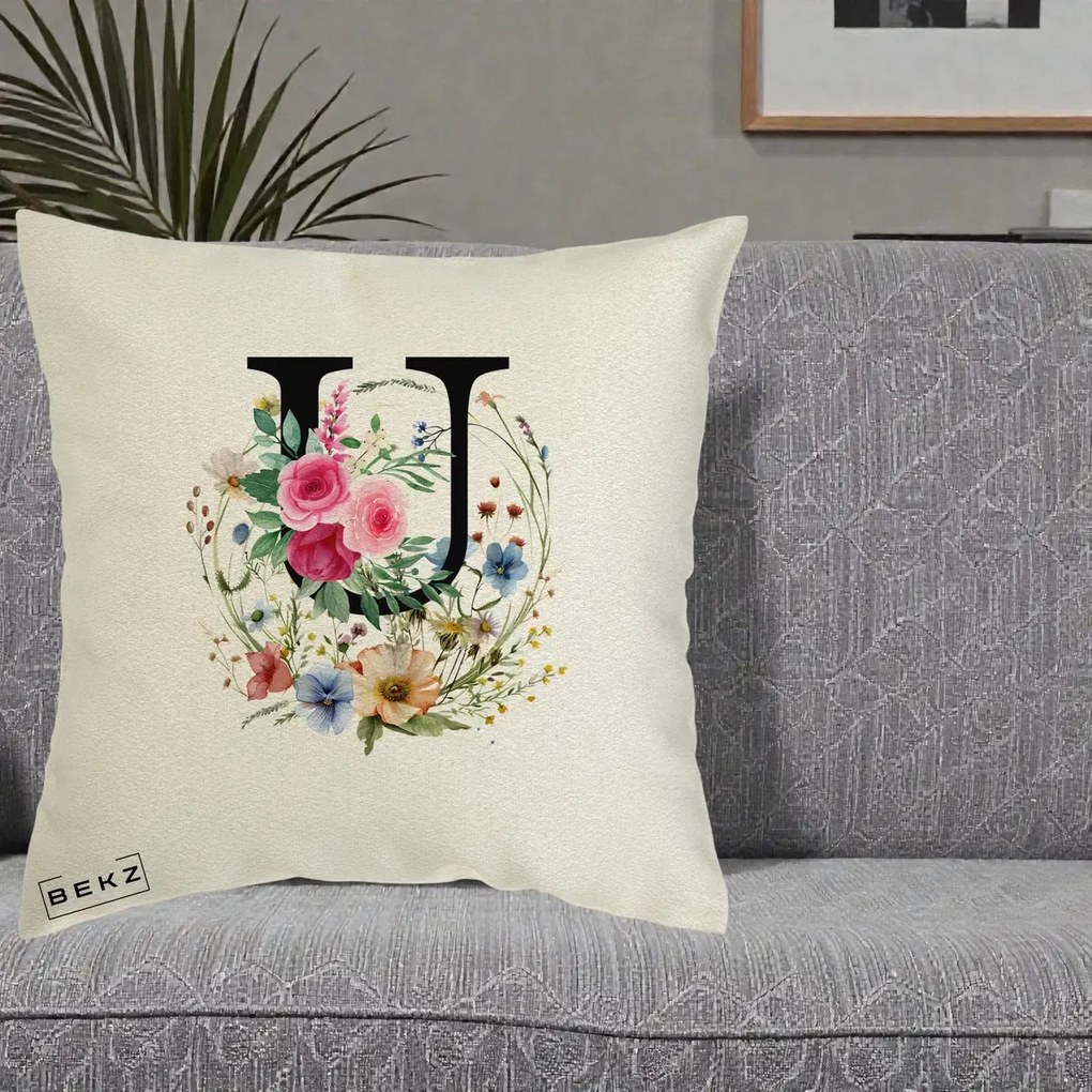 Cadou Personalizat - Perna Personalizata Monogram Litera U cu Flori Acuarela, 40x40 cm, Ecru, Husa Detasabila, Perna Inclusa, BEKZ®