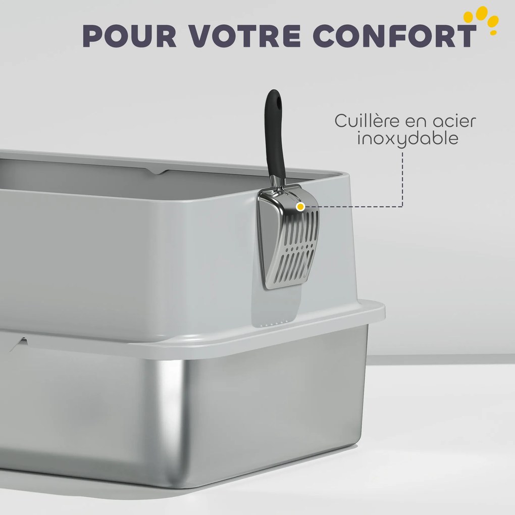 PawHut Tavă XL pentru litieră din oțel inoxidabil, Pereți laterali înalți, Pedală și covoraș filtrant, Lopată, 60,2x40,2x29,6cm, Gri | Aosom Romania