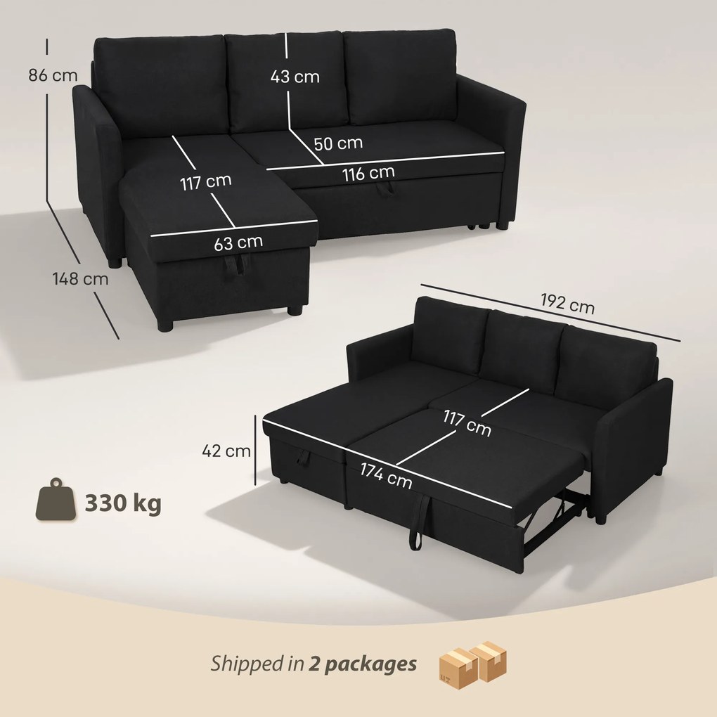 HOMCOM Canapea Extensibilă cu 3 Locuri și Șezlong Convertibil, Canapea de Colț Pliabilă cu Compartiment de Depozitare și 3 Perne Detașabile, Material Textil cu Efect de In, Living, 192x148x86cm, Gri Închis | Aosom Romania