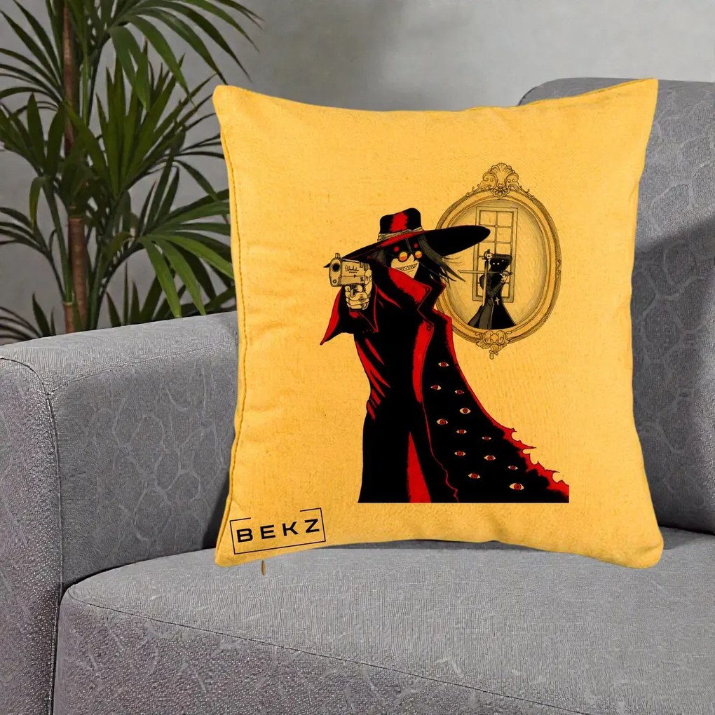Perna Personalizata Hellsing Alucard cu Pistoale, 40x40 cm, Galben, Husa Detasabila, Perna Inclusa, BEKZ®