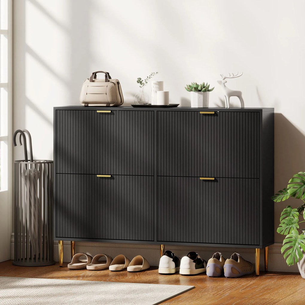 HOMCOM Dulap pentru încălțăminte 20 perechi cu 4 sertare rabatabile, uși canelate și rafturi reglabile, 105x24x91,5cm, negru | Aosom Romania